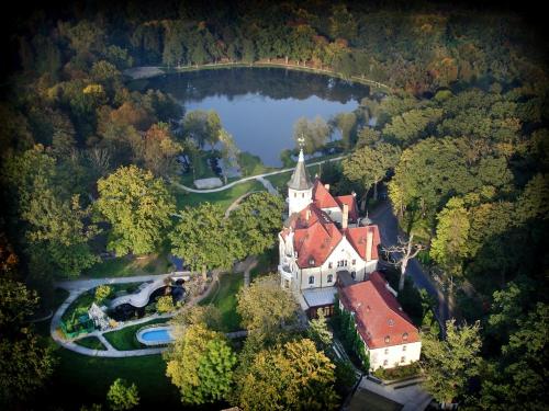 an aerial view of a large castle with a lake at Hotel Bursztynowy Pałac in Koszalin