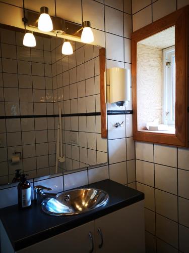 a bathroom with a sink and a mirror at Hardanger Kulturgalleri in Herand