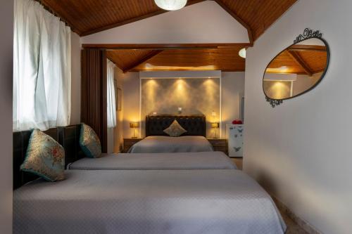 two beds in a room with a mirror at Magda Rooms ''Sea View'' in Neos Marmaras