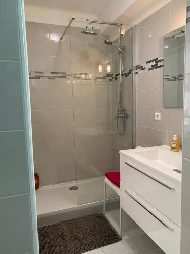 ボーソレイユにあるAppartements 5MIN MONTE CARLOのバスルーム(シャワー、バスタブ、シンク付)