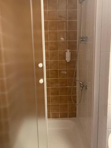 a shower with a glass door in a bathroom at Hotelik in Chełmno