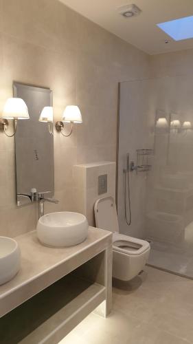 a bathroom with a sink and a toilet and a shower at Zante Fiore Suites in Xirokástellon