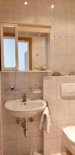 a bathroom with a sink and a toilet and a mirror at Vila Jela in Baška Voda