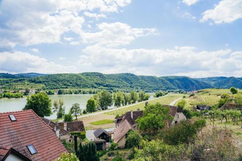 an aerial view of a village with a river and mountains at Wachau-Living in Dürnstein