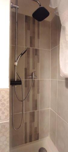 une douche avec pommeau de douche dans une salle de bain dans l'établissement Studio 26m2 centre ville rénové avec parking privé, à La Grande Motte