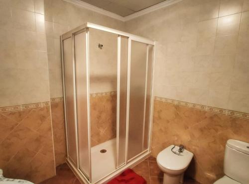 een badkamer met een douche en een toilet bij Casa amplia con terraza en La Viñuela in Viñuela