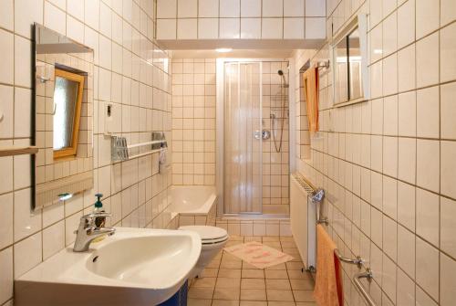 a bathroom with a sink and a toilet at FeWo Berghex in Pinswang