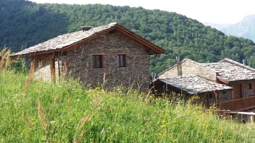 una vieja casa de piedra en un campo de hierba en Le Baite di Baudinet - Trek&Relax en Chiusa di Pesio