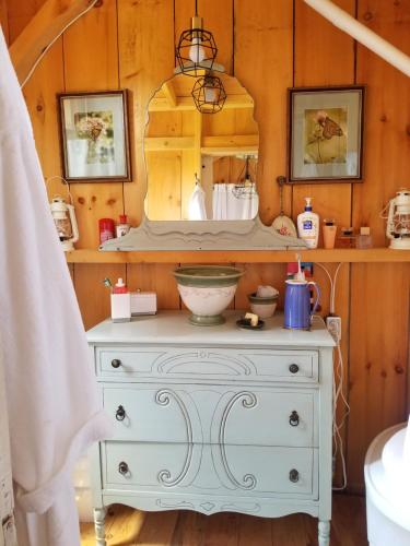 baño con tocador blanco con espejo en Four Ninety Muskoka B & B en Gravenhurst