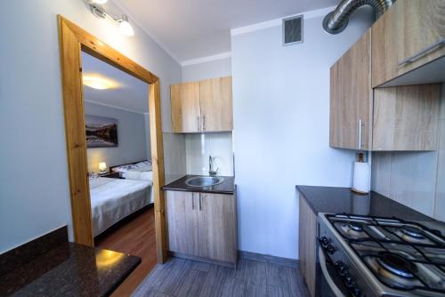 a kitchen with a sink and a bed in a room at Apartment Daga w centrum in Szklarska Poręba