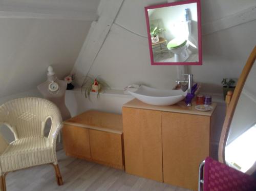 ein Badezimmer mit einem Waschbecken, einem Stuhl und einem Spiegel in der Unterkunft Le Jardin des Poules in Thiétreville