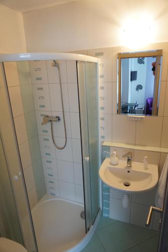bagno con doccia e lavandino di Apartmány Freesia a Jablonec nad Nisou