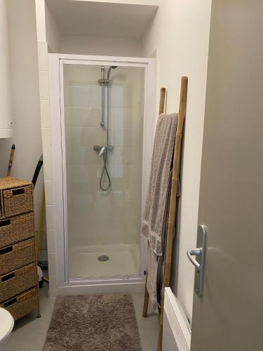 une salle de bain avec une douche avec une porte vitrée dans l'établissement Panate, à Corte