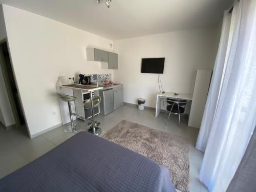 une chambre avec un lit, un bureau et une télévision dans l'établissement Panate, à Corte