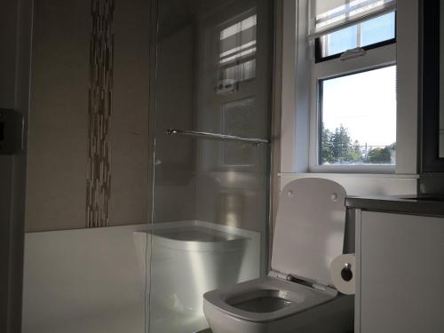 a white bathroom with a toilet and a window at DELOVELY B&B in White Rock