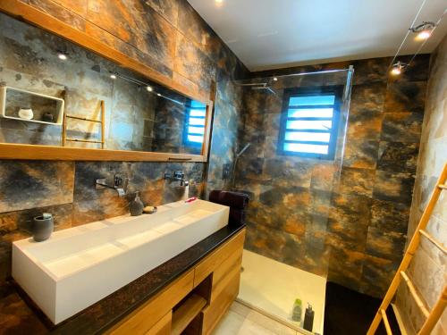 a bathroom with a sink and a mirror at LA MAISON DES JADES in La Saline les Bains