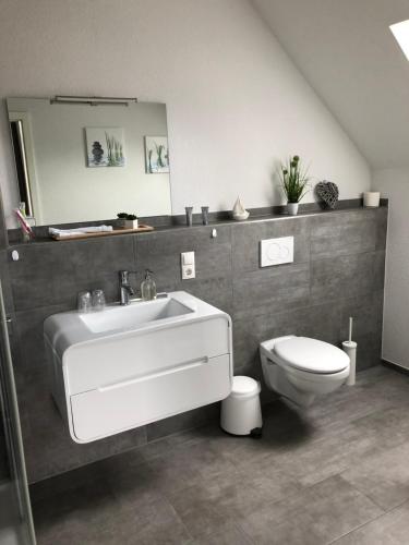 a bathroom with a sink and a toilet at Gästehaus Wahnbek in Rastede