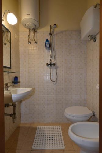 a bathroom with a shower and a toilet and a sink at Via della Posterna in Spoleto
