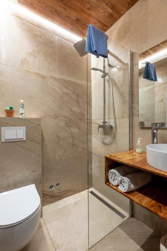 a bathroom with a shower and a toilet and a sink at ANGELO in Koper