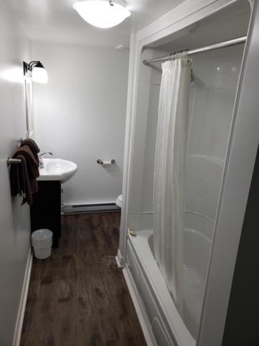 a bathroom with a shower, sink, and toilet at Homeward Inns of Canada in Antigonish