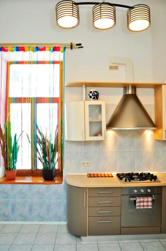 a kitchen with a stove top oven next to a window at Central Area Apartments in Kyiv