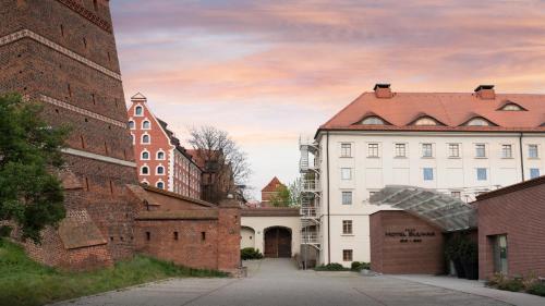 a group of buildings in a city with a sky at Hotel Bulwar in Toruń