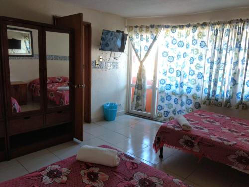 a bedroom with a bed and a window with curtains at Hotel Plaza Aleman in León
