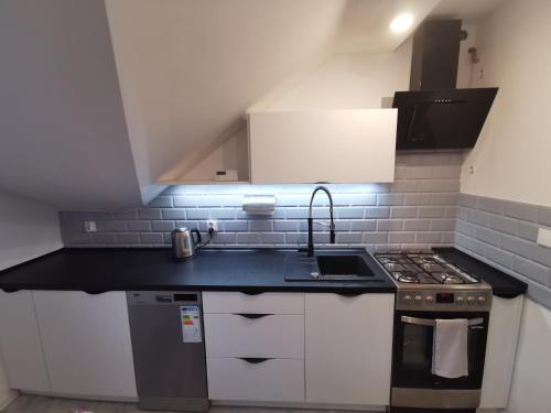 a kitchen with a sink and a stove at Chillout-aparts in Świeradów-Zdrój