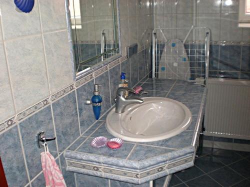 łazienka z umywalką i lustrem w obiekcie Penzion "Apartmány U Semušky" w mieście Pernink