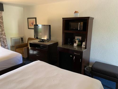 a hotel room with a bed and a television at Travelodge by Wyndham Rapid City in Rapid City