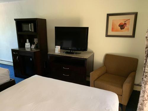 a hotel room with a bed and a tv and a chair at Travelodge by Wyndham Rapid City in Rapid City