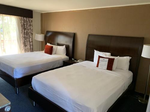 a hotel room with two beds and a window at Travelodge by Wyndham Rapid City in Rapid City