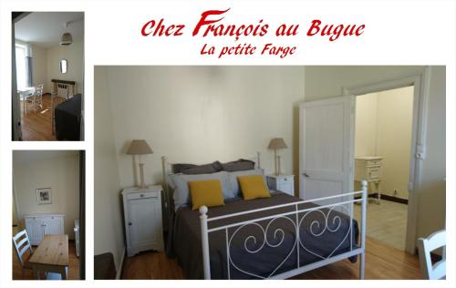 three images of a bedroom with a bed with yellow pillows at Chez François au bugue la petite farge in Le Bugue