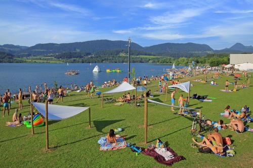 a crowd of people sitting on the grass near a lake at house on the top of the hill in Mozirje