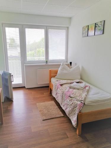 a bedroom with a bed and two windows at Penzion Adriana in Nové Mesto nad Váhom