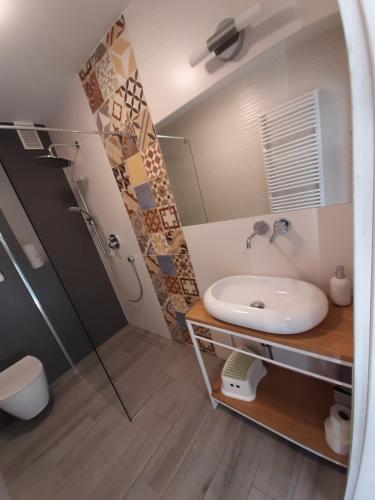 y baño con lavabo y ducha. en Szczawnica Apartament C6 en Szczawnica