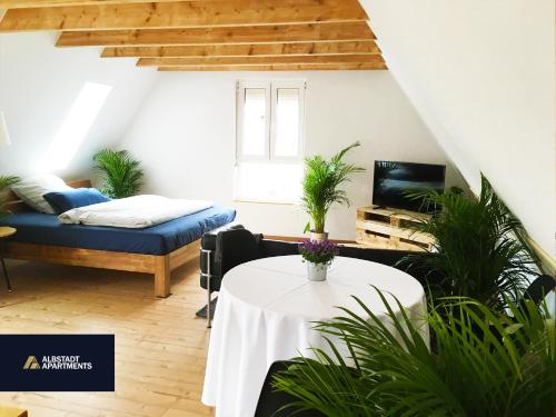 a living room with a table and a couch at Albstadt Apartments in Albstadt