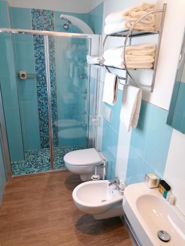 a bathroom with a shower and a toilet and a sink at Hotel Nordic in Bellaria-Igea Marina
