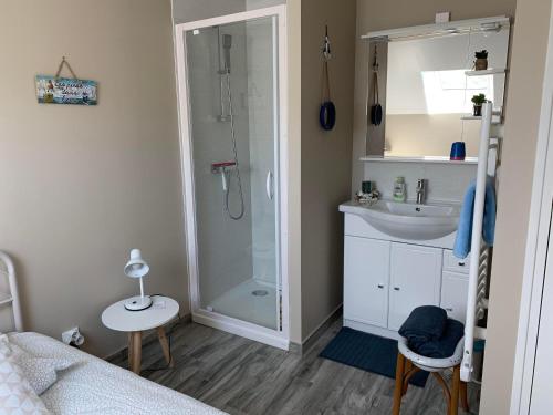 a bathroom with a shower and a sink at chez marîo in Saint-Pierre-Église