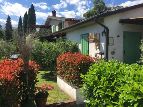 una casa con una puerta verde y algunos arbustos en Agriturismo Tenuta La Fratta, en Bagni di Lucca