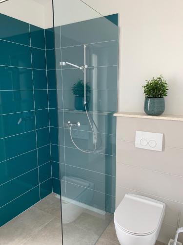 a bathroom with a toilet and a glass shower at Pine Tree Villa in Pakoštane