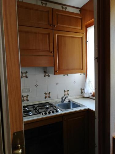 una cucina con armadi in legno, piano cottura e lavandino di Villa Manuela a Grado