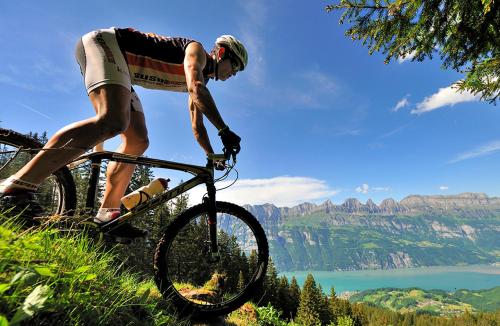 a man riding a bike on a hill at b-smart motel Sevelen in Sevelen