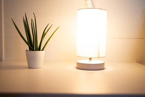 a lamp and a potted plant on a table at La Corte di Aldo in Rozzano