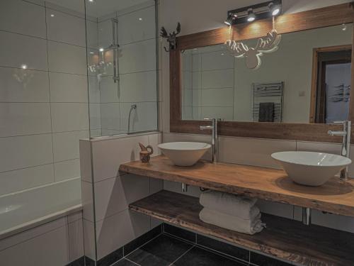 a bathroom with two sinks and a mirror at Chateau Doggestein in Peisey-Nancroix