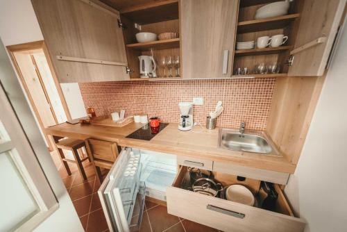 a small kitchen with wooden cabinets and a sink at Rooms & Apartments Podsreda Castle in Podsreda