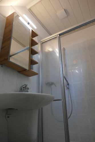 a bathroom with a sink and a shower at kleine Ferienwohnung am Wulfkamp in Velen