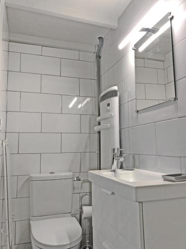 une salle de bain blanche avec des toilettes et un lavabo dans l'établissement L IDEAL 56 (RDC sur rue) dans Triangle d Or (plage et casino à 300m), à Trouville-sur-Mer