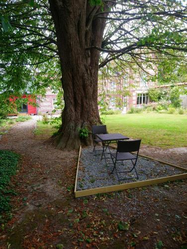 a table and two chairs sitting under a tree at La Nouvelle Criqueboise in Criquebeuf-en-Caux