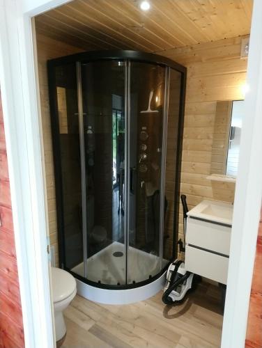 a bathroom with a shower with a toilet and a sink at La Nouvelle Criqueboise in Criquebeuf-en-Caux